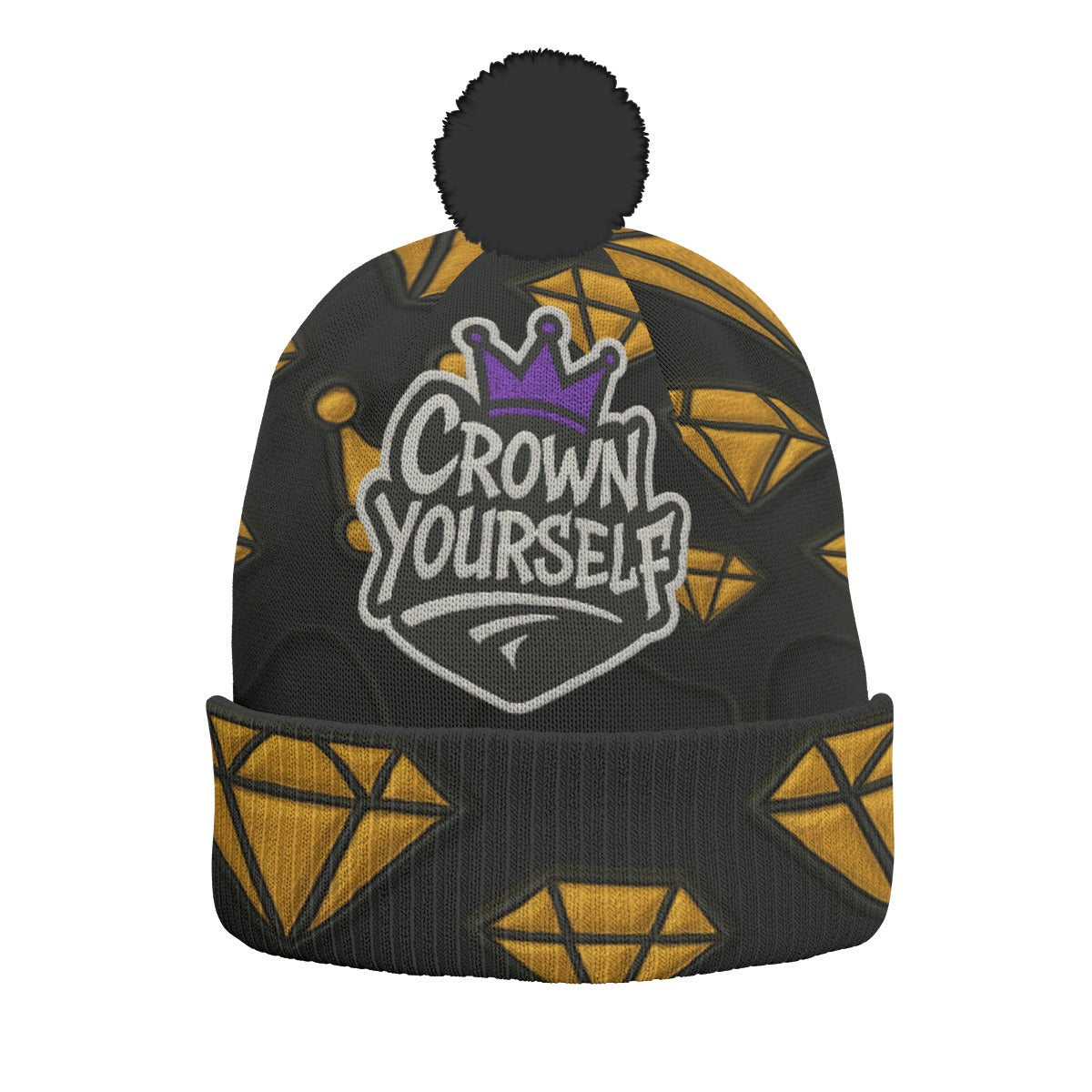 Crown yourself Black Purple and Gold Knitted Hat With Pom-Pom