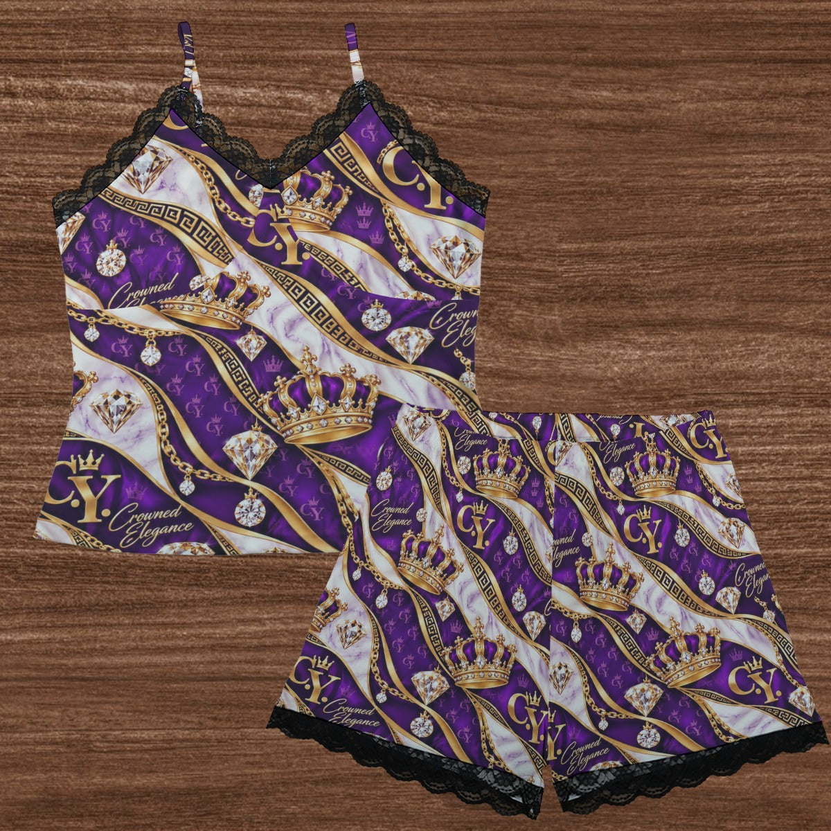 C.Y. Purple Majesty – Women's Lace-Trim Cami & Shorts Lounge Set