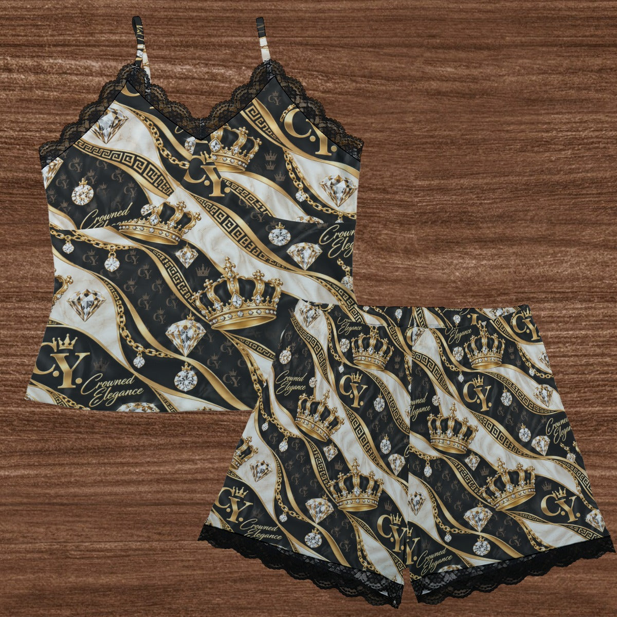 C.Y. Midnight Royalty – Women's Lace-Trim Cami & Shorts Lounge Set