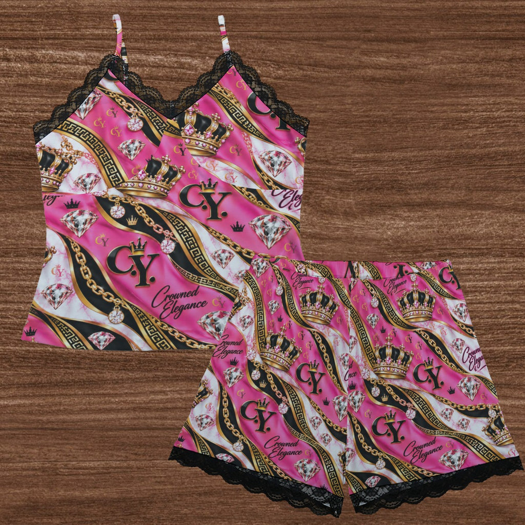 C.Y. Royal Pink – Women's Lace-Trim Cami & Shorts Lounge Set