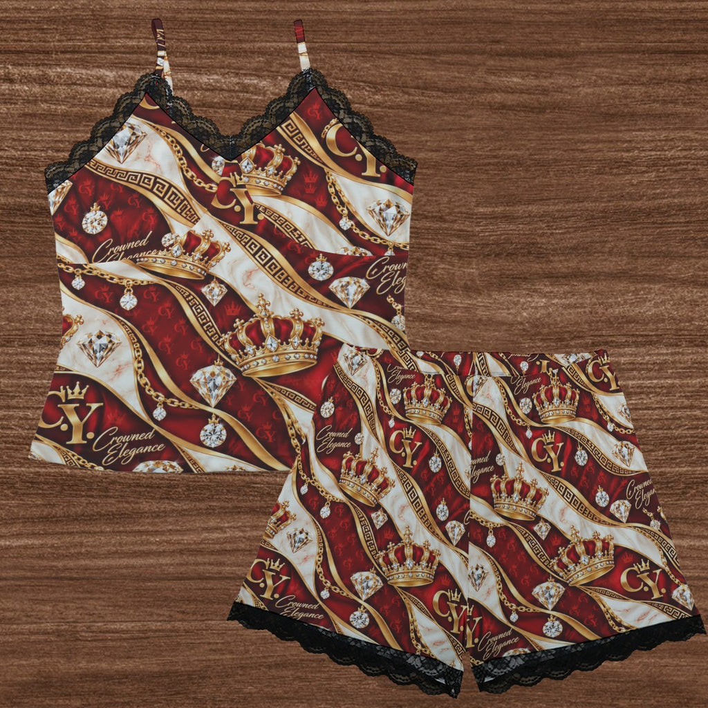 C.Y. Ruby Reign – Women's Lace-Trim Cami & Shorts Lounge Set