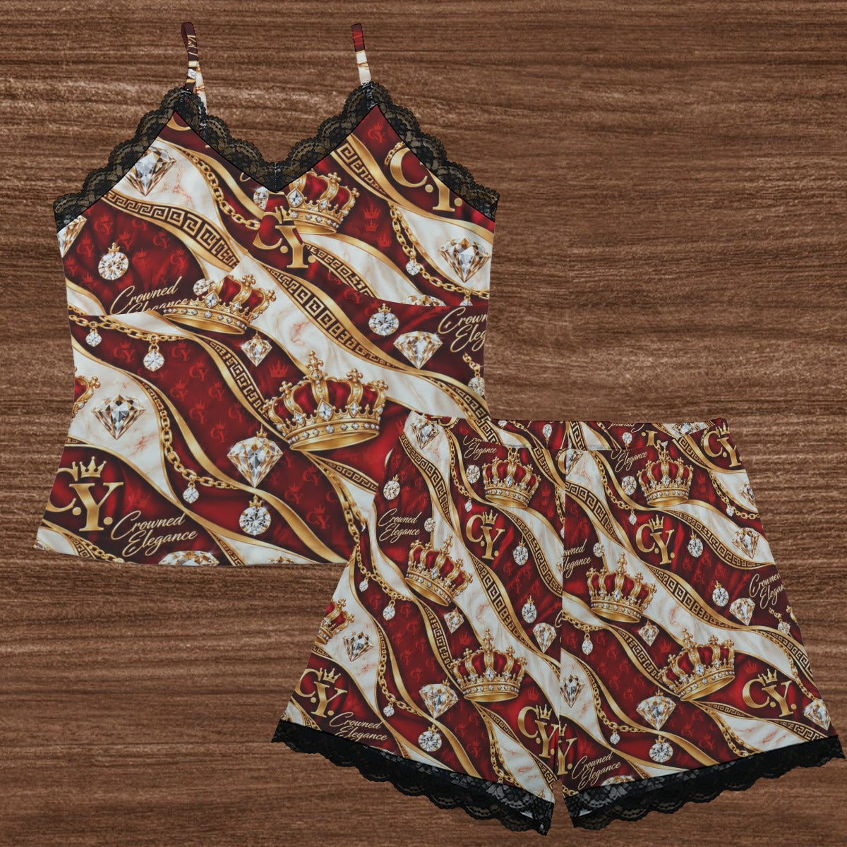 C.Y. Ruby Reign – Women's Lace-Trim Cami & Shorts Lounge Set