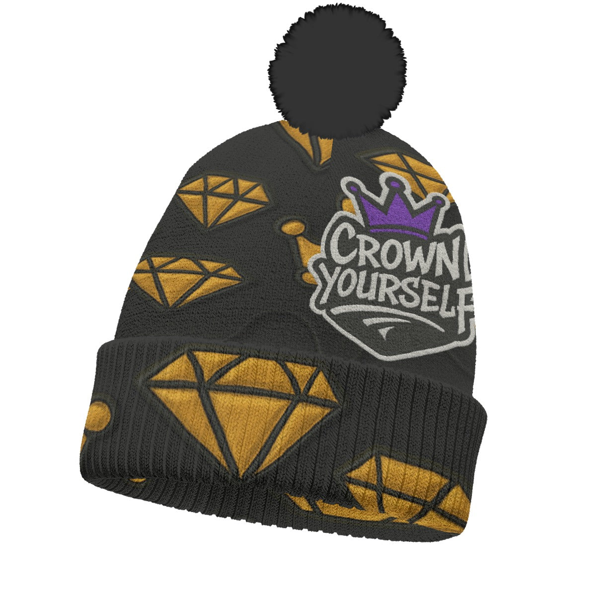 Crown yourself Black Purple and Gold  Knitted Hat With Pom-Pom