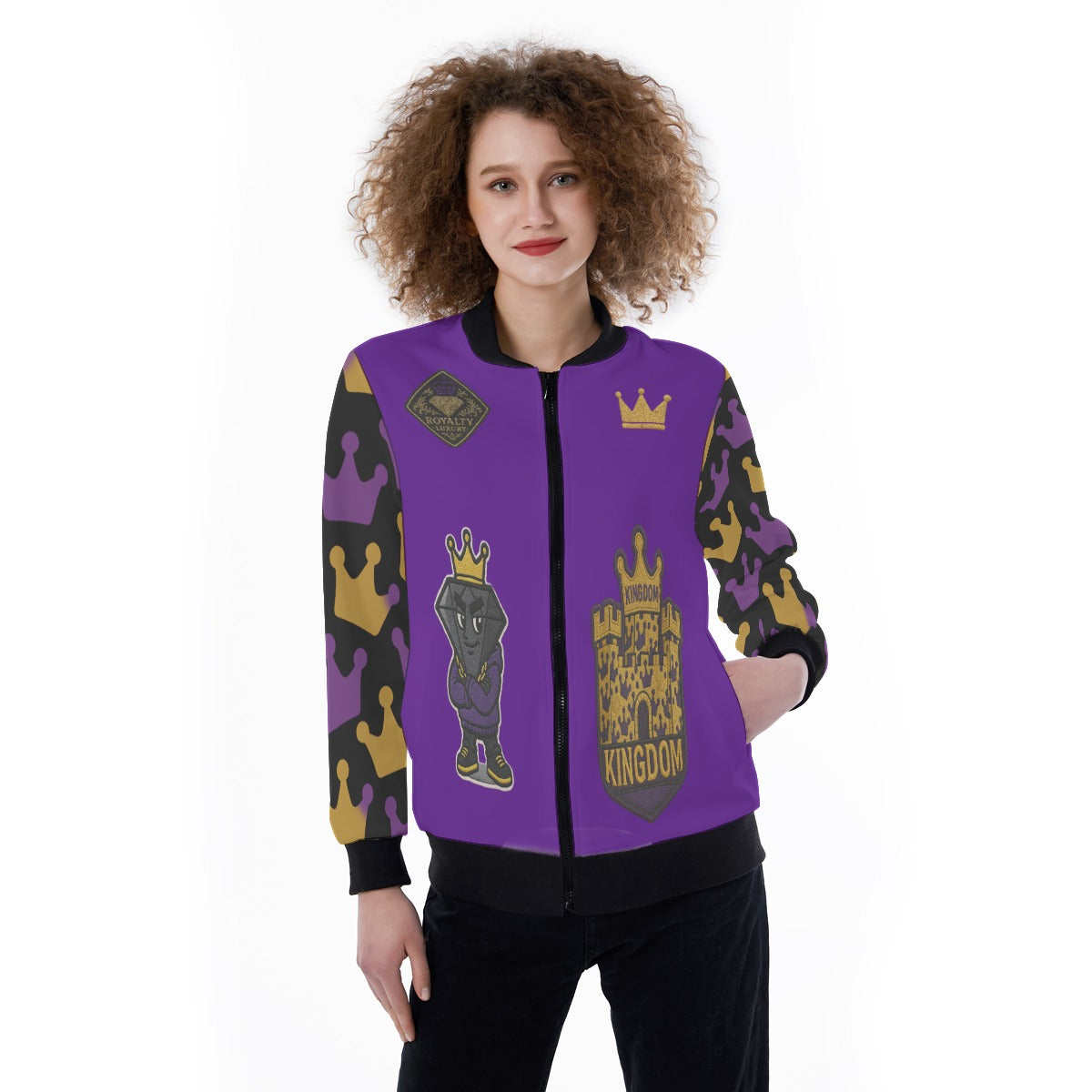 Crown Yourself Purple, Gold, Black Women's Ribbed Stand-up Collar Jacket