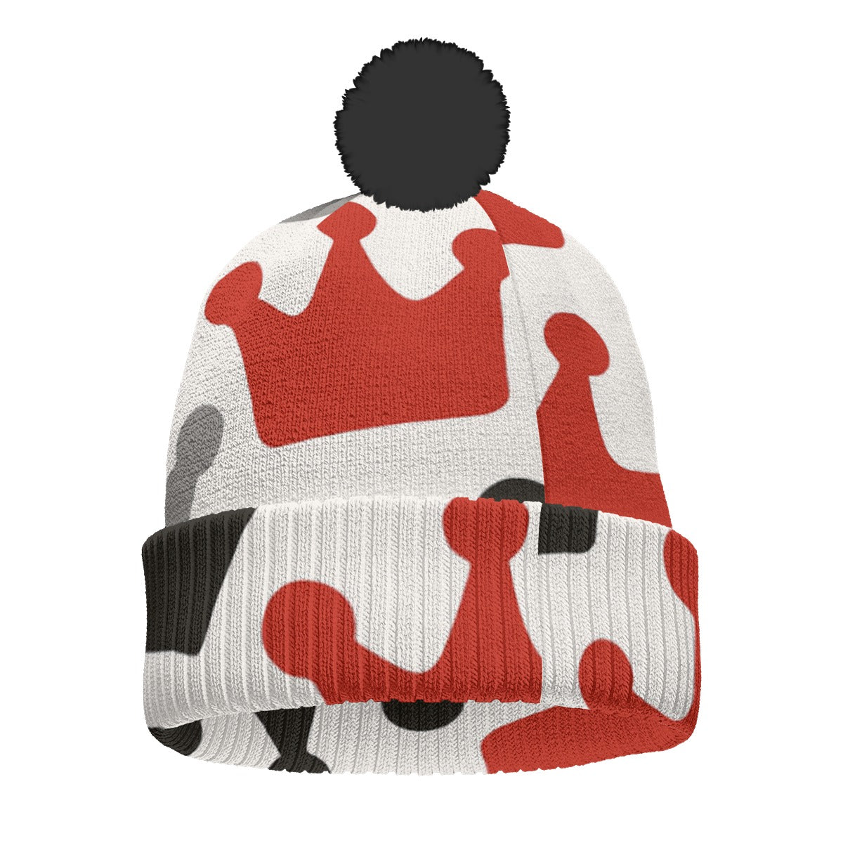Bonnet tricoté rouge, noir et blanc avec pompon - Couronnez-vous