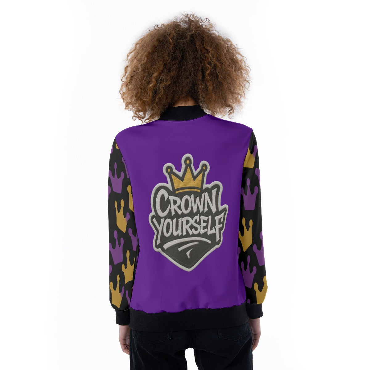 Crown Yourself Purple, Gold, Black Women's Ribbed Stand-up Collar Jacket