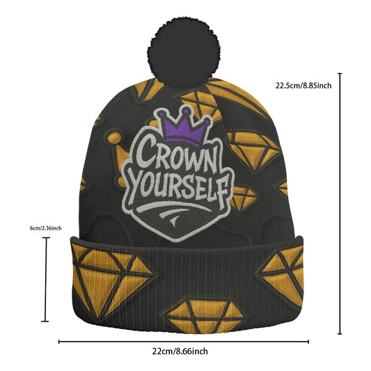 Crown yourself Black Purple and Gold  Knitted Hat With Pom-Pom