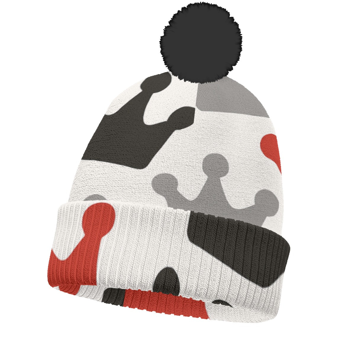 Bonnet tricoté rouge, noir et blanc avec pompon - Couronnez-vous