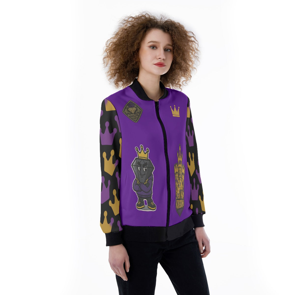 Crown Yourself Purple, Gold, Black Women's Ribbed Stand-up Collar Jacket